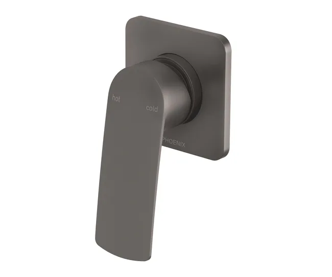 Matte black wall-mounted shower mixer with lever handle marked "hot" and "cold."