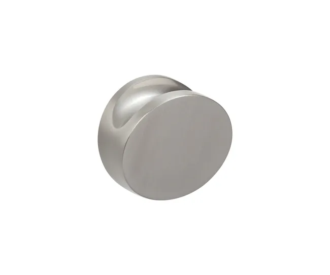 Brushed stainless steel round cabinet knob on a white background.
