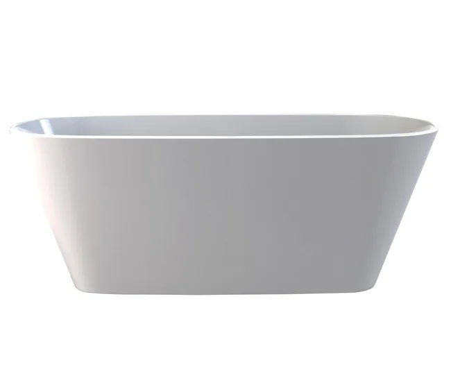 Rectangular white freestanding bathtub on a plain white background.