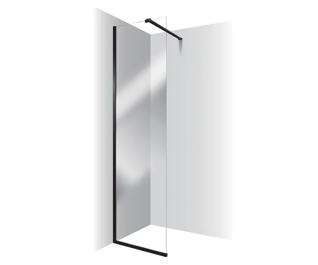 A minimalist glass shower screen with black frame, set in a corner position on white walls.