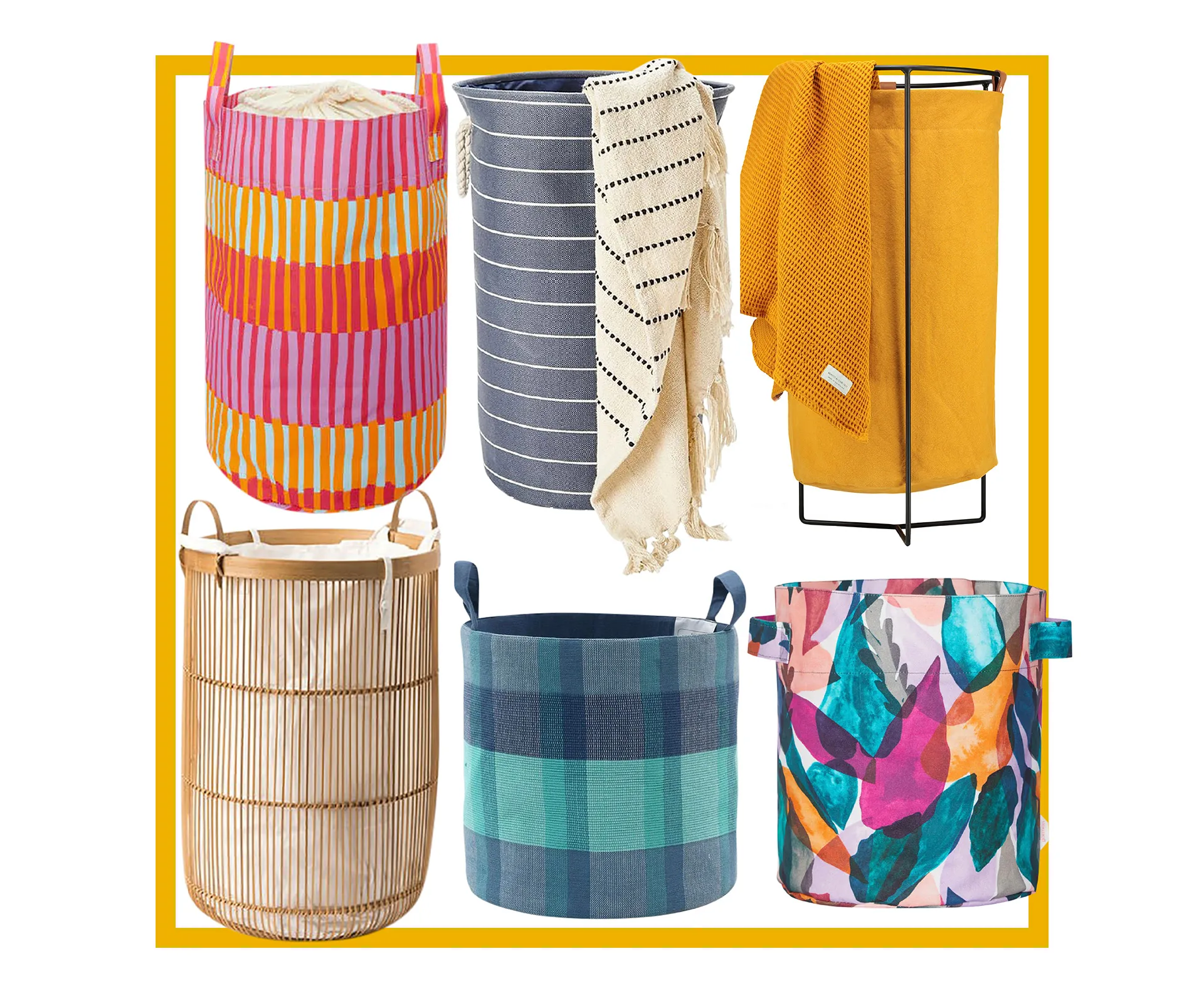 Colorful laundry hampers with various patterns and designs, including striped, plaid, and floral.