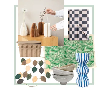 Collage of decorative items including vases, a checkered notebook, green leaf patterns, and ceramic bowls.