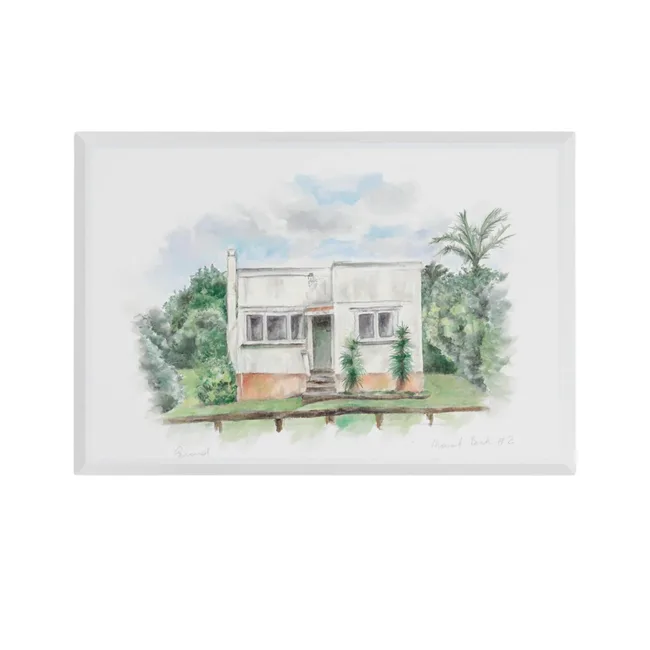 Watercolor painting of a small white house surrounded by greenery and a cloudy sky background.