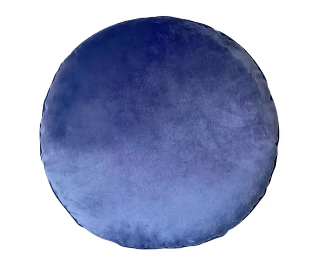 Round, plush, blue cushion with a soft texture, set against a white background.