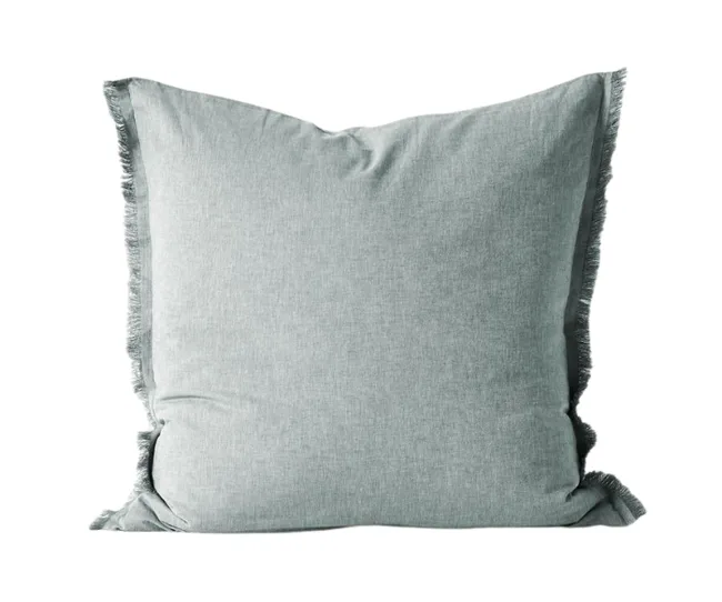 Gray square pillow with frayed edges on a white background.