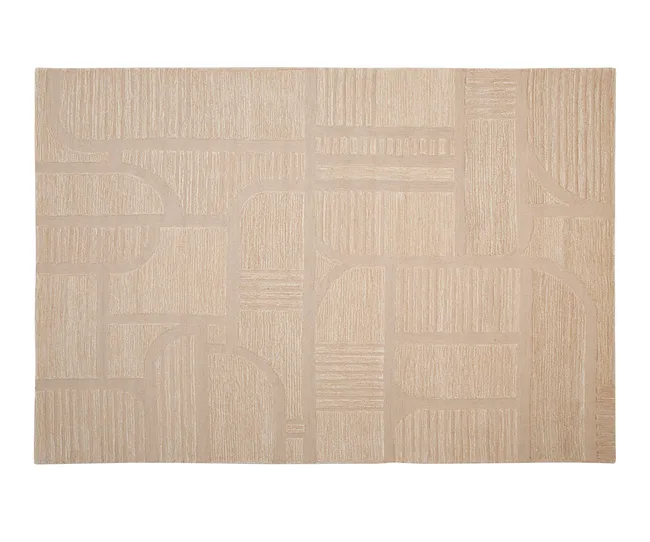 Beige area rug with abstract geometric pattern and texture.