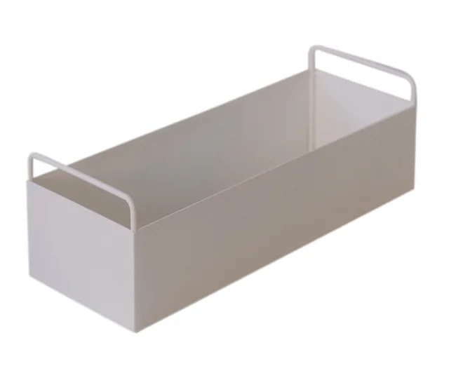 White rectangular metal storage box with handles on both ends.