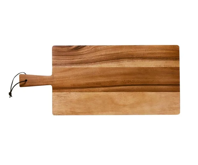 Wooden cutting board with a handle and cord, featuring a natural wood grain pattern.