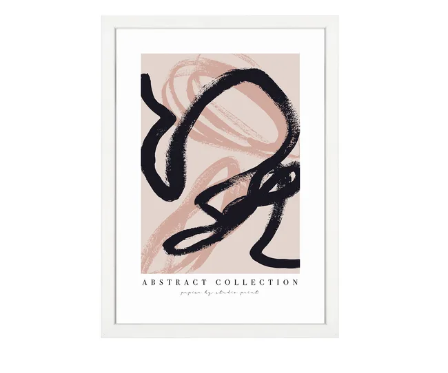Framed abstract art with black brushstrokes on a beige background, labeled "Abstract Collection."