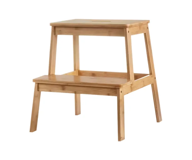 A wooden two-step stool with a natural finish, featuring wide steps and sturdy construction.