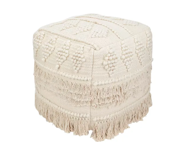 Beige woven pouf with textured patterns and fringes, featuring a square shape.