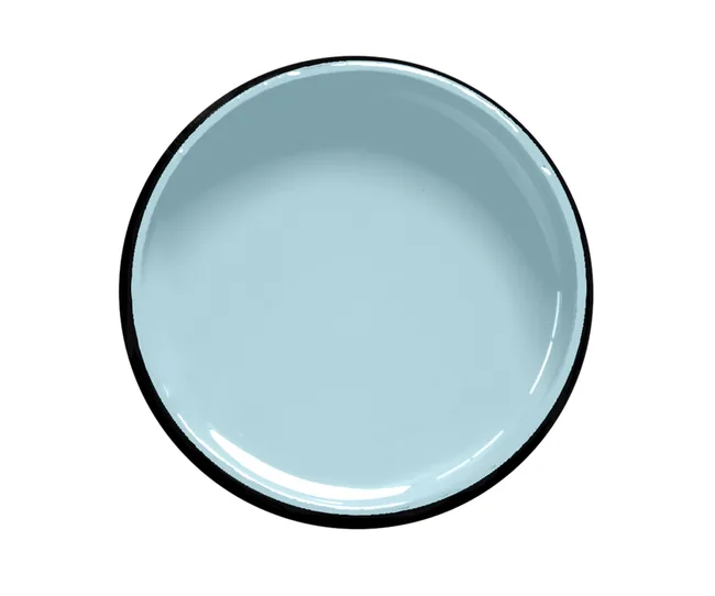 A light blue enamel plate with a black rim on a white background.