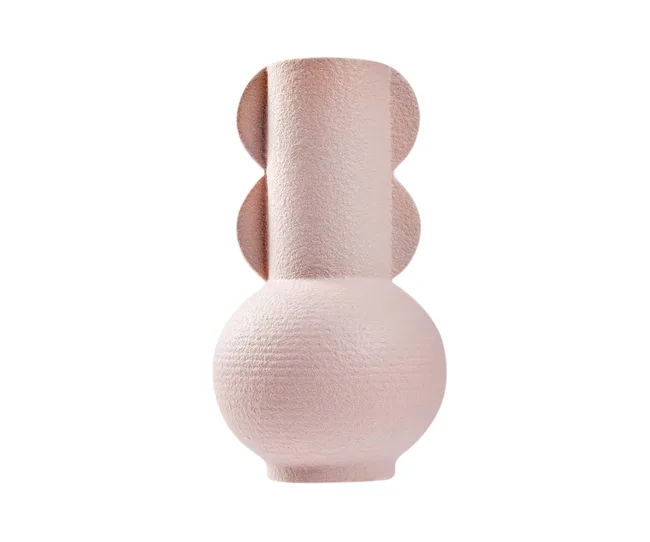 A textured pink ceramic vase with a bulbous base and a unique three-lobed design.