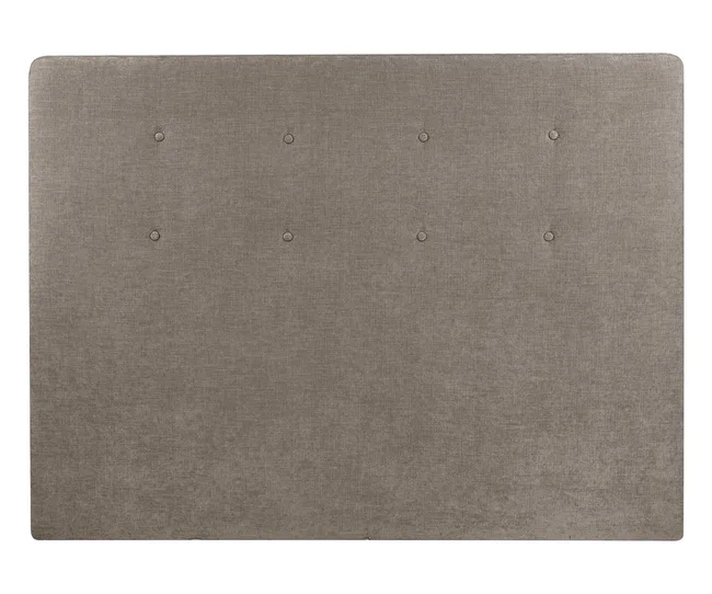 Upholstered gray fabric headboard with button tufting design.