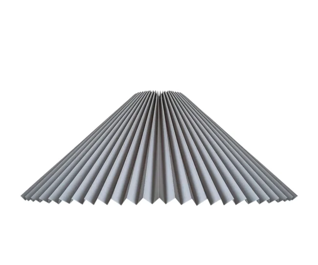 A conical lampshade with pleated white fabric and a hole at the top for light fixture attachment.