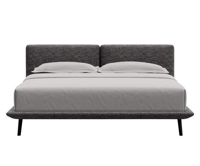 Gray modern bed with a textured headboard and two pillows against a white background.
