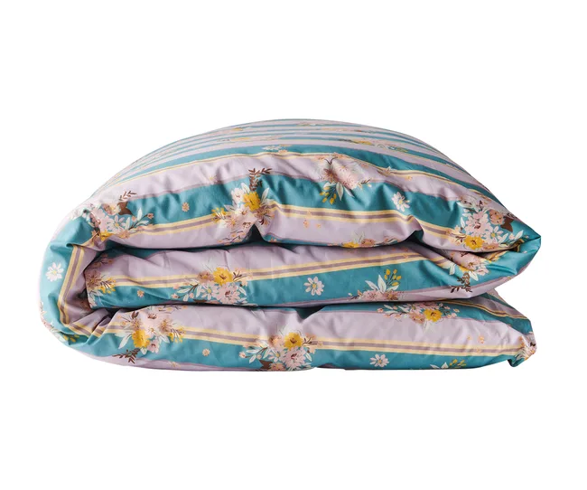 Folded floral duvet with turquoise, yellow, and pink stripes.