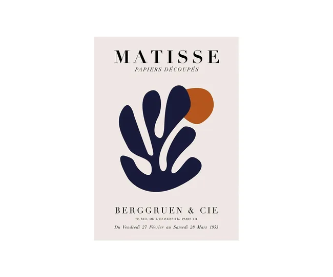 Poster featuring Henri Matisse's "Papiers D&eacute;coup&eacute;s" with abstract blue and orange shapes and exhibition details.