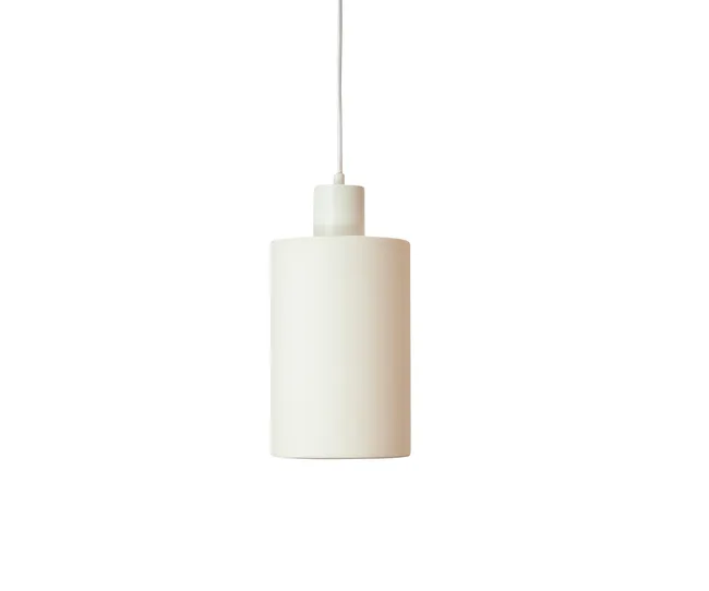 Hanging cylindrical white pendant lamp with a cord against a white background.