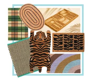 Collection of patterned doormats, including a tiger design, plaid, geometric, and botanical prints, arranged aesthetically.