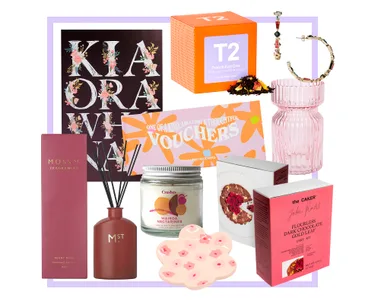 Gift ideas collage featuring tea, diffuser, vase, candle, floral card, voucher, and cake mix.