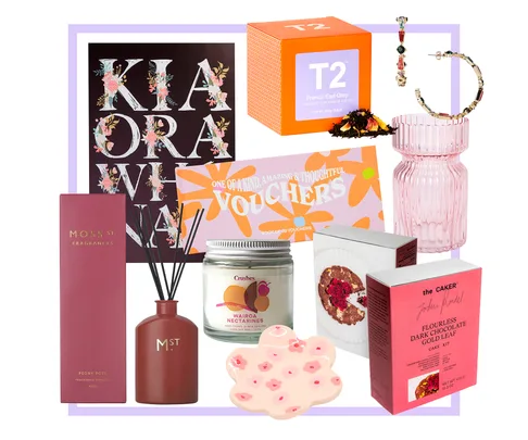 Gift ideas collage featuring tea, diffuser, vase, candle, floral card, voucher, and cake mix.