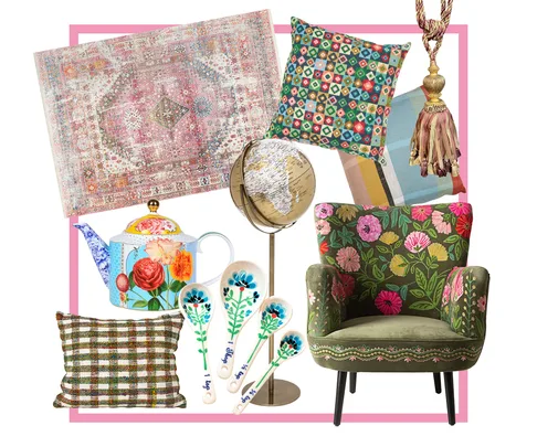 Collage of eclectic home decor: a floral chair, colorful pillows, ornate teapot, decorative globe, and vintage rug.