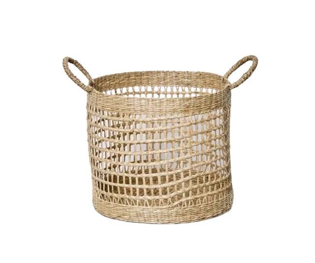 A woven basket with open weave design and two handles.