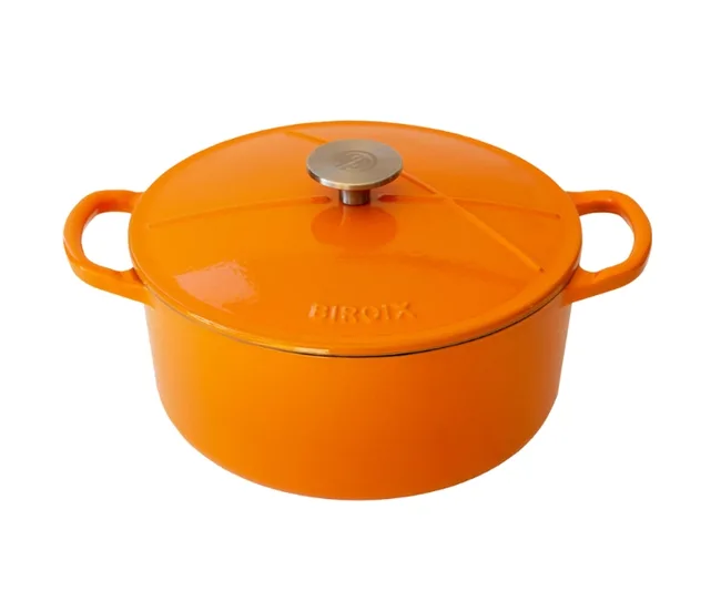 Orange cast iron Dutch oven with handles and a metal knob on the lid.