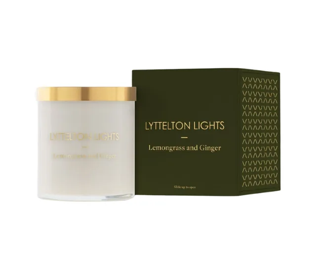 Lyttelton Lights candle and box in Lemongrass and Ginger scent with gold accents.