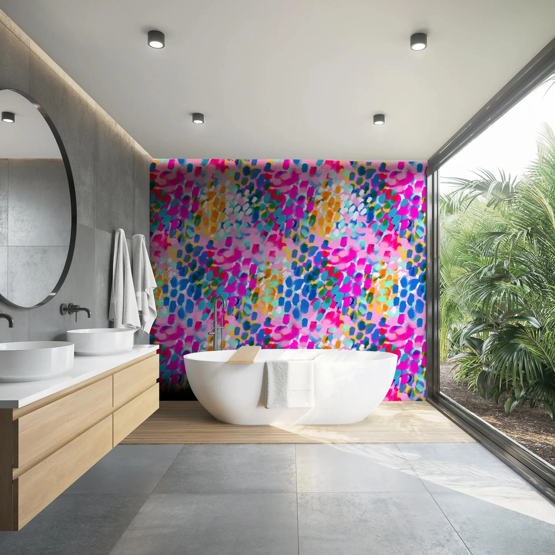 Modern bathroom with vibrant, colorful abstract wall, freestanding bathtub, and large window with greenery outside.