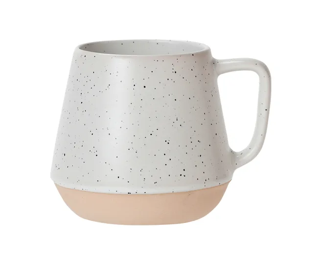 Speckled white ceramic mug with a wide base and handle.