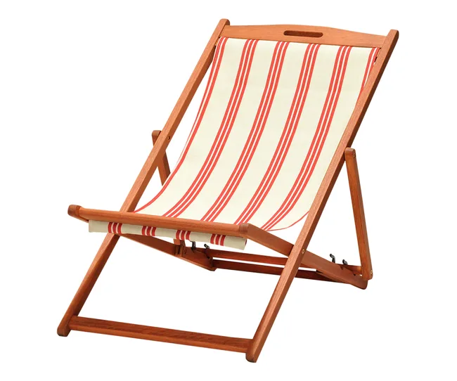 A wooden deck chair with red and white striped fabric.