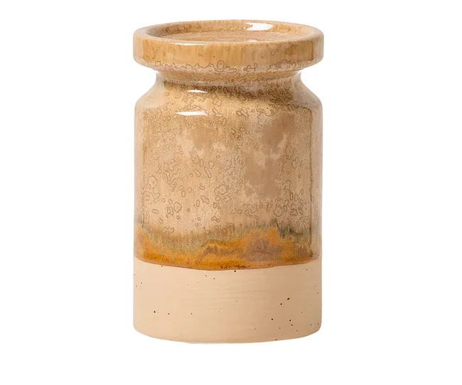 Ceramic vase with a textured, two-tone tan and beige finish, featuring a smooth upper rim.