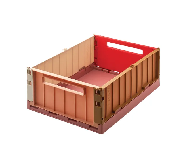 Multicolored open plastic storage crate with side handles.