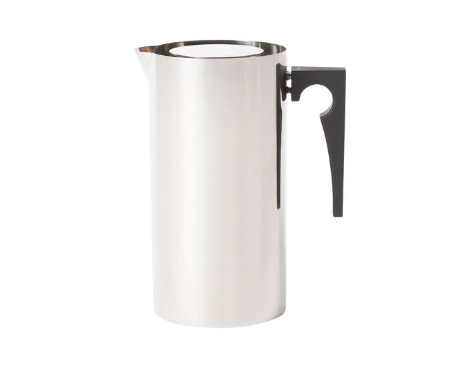 Stainless steel pitcher with a sleek design, black geometric handle, and a spout.