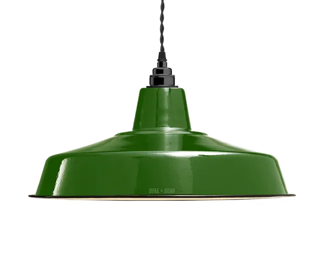 Green industrial pendant lamp with black twisted cord, featuring a glossy enamel finish.