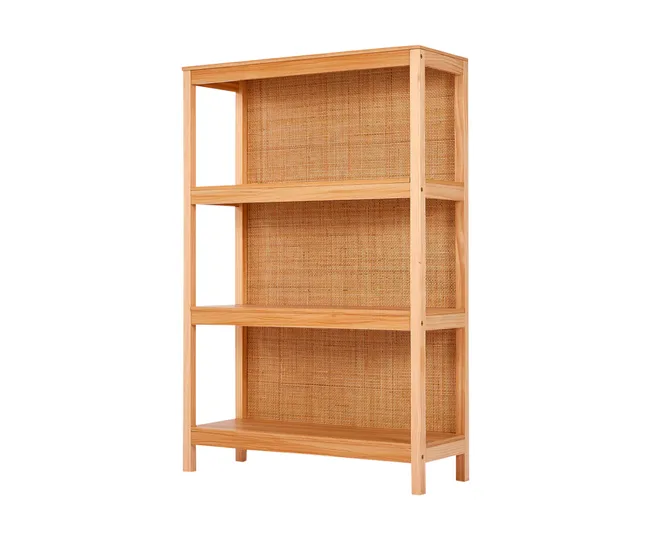Natural rattan bookshelf with three wooden shelves and open sides, ideal for storage and display.
