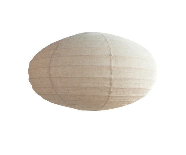 A beige, oval-shaped linen fabric lampshade with visible stitching lines on a white background.
