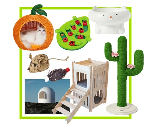 Various cat toys and furniture including a cactus scratcher, orange cat house, food puzzle, and wooden playhouse.
