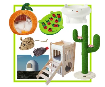 Various cat toys and furniture including a cactus scratcher, orange cat house, food puzzle, and wooden playhouse.