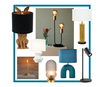 Various stylish table lamps in different shapes, colors, and styles, including rabbit, geometric, and arc designs.