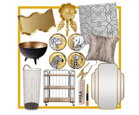 A collage of home decor items including a pillow, gold plates with animals, a wire basket, and a decorative mirror.