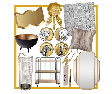 A collage of home decor items including a pillow, gold plates with animals, a wire basket, and a decorative mirror.
