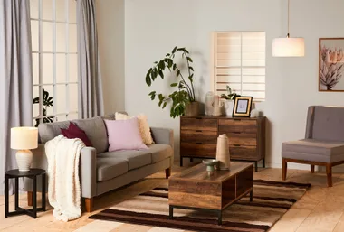 Cozy living room with a gray sofa, wooden furniture, plants, and soft lighting.
