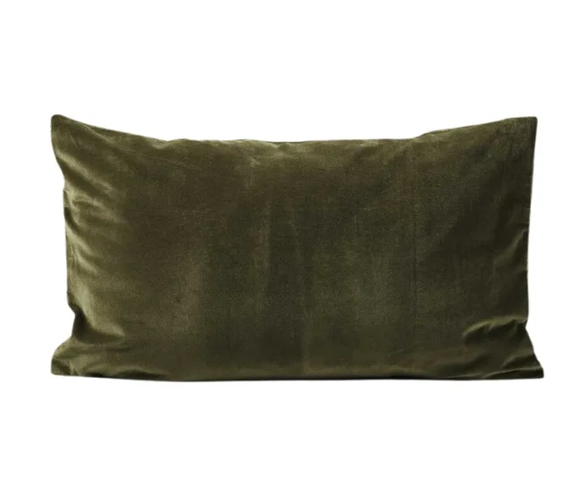 Olive green velvet rectangular pillow against a white background.
