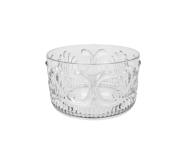 Clear glass bowl with intricate engraved patterns.