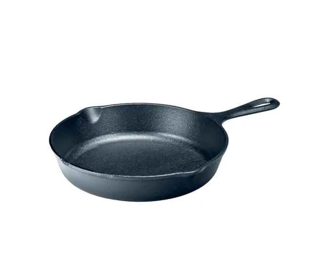 Cast iron skillet with a long handle on white background.