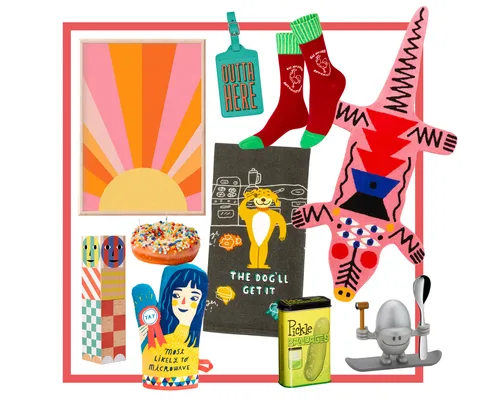 A colorful collage featuring eclectic items like a sunrise print, playful socks, a pink crocodile rug, and novelty gifts.