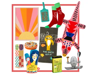 A colorful collage featuring eclectic items like a sunrise print, playful socks, a pink crocodile rug, and novelty gifts.